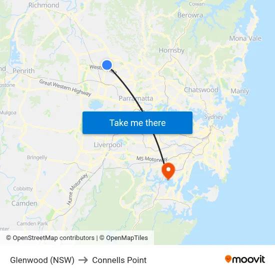 Glenwood (NSW) to Connells Point map
