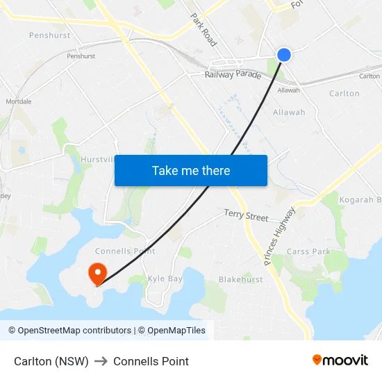 Carlton (NSW) to Connells Point map