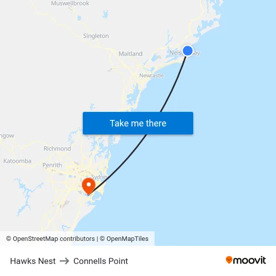 Hawks Nest to Connells Point map