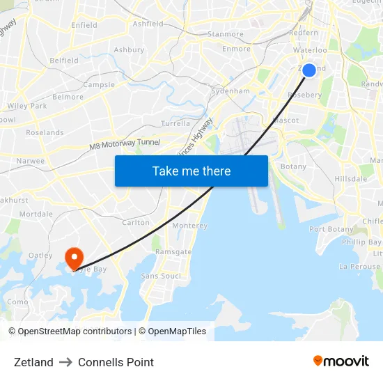 Zetland to Connells Point map