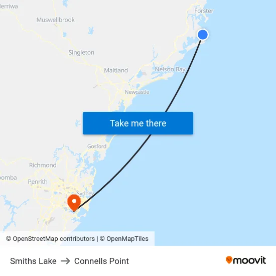 Smiths Lake to Connells Point map