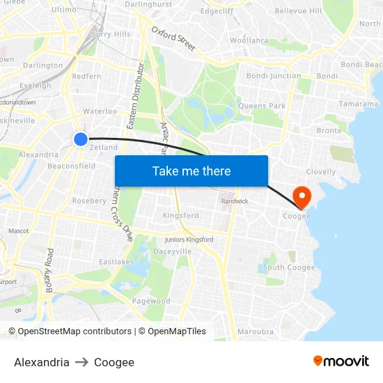 Alexandria to Coogee map