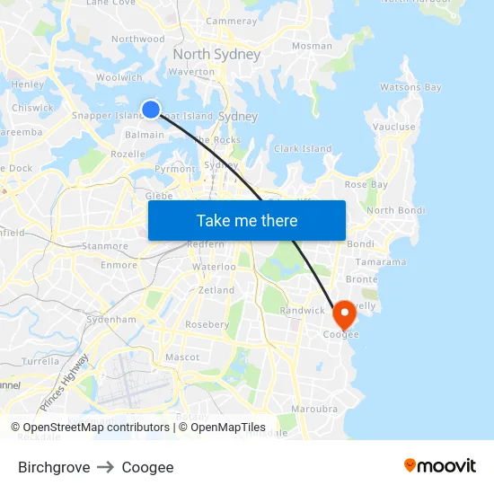 Birchgrove to Coogee map