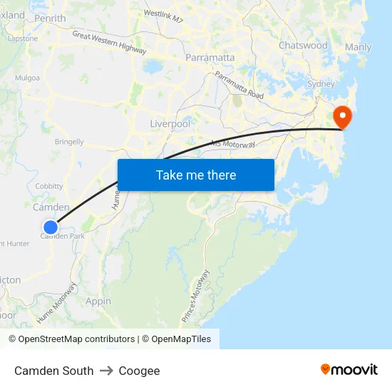 Camden South to Coogee map