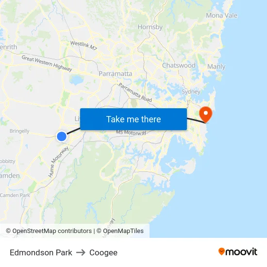 Edmondson Park to Coogee map