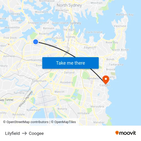 Lilyfield to Coogee map