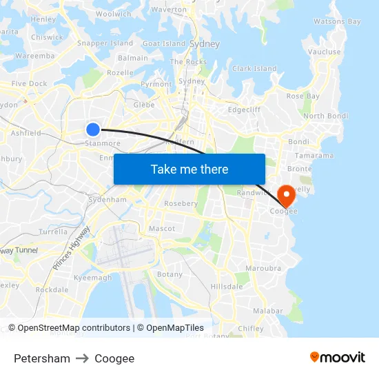 Petersham to Coogee map