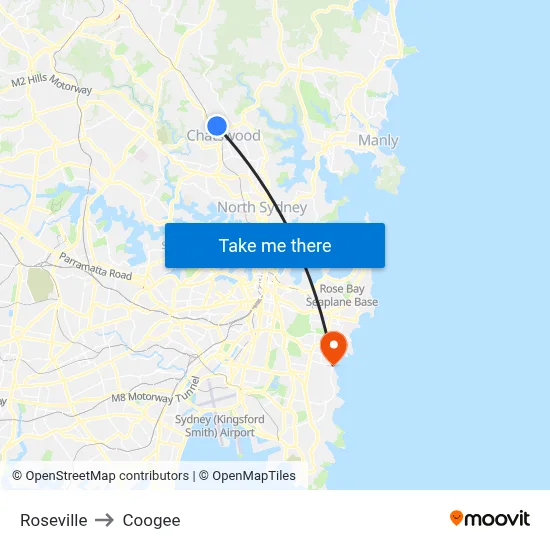 Roseville to Coogee map