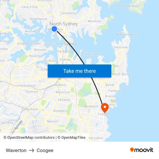 Waverton to Coogee map