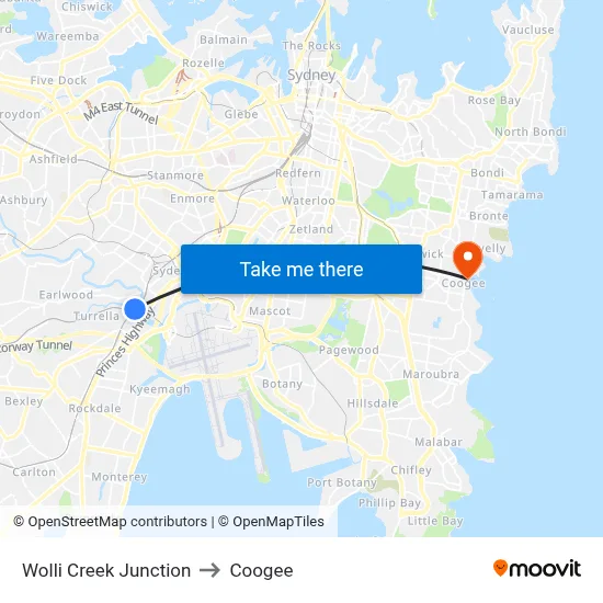 Wolli Creek Junction to Coogee map