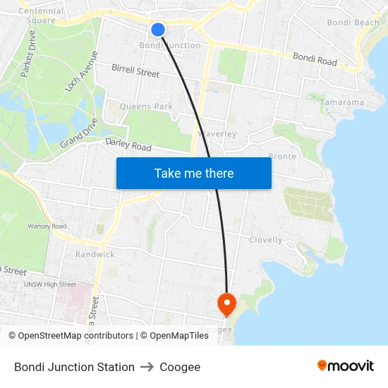 Bondi Junction Station to Coogee map