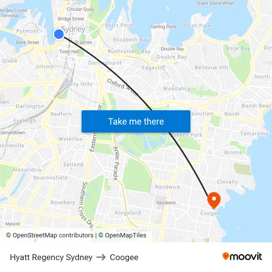 Hyatt Regency Sydney to Coogee map