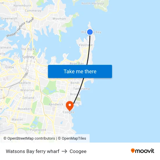 Watsons Bay ferry wharf to Coogee map