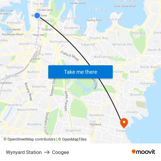 Wynyard Station to Coogee map