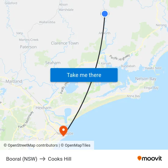 Booral (NSW) to Cooks Hill map