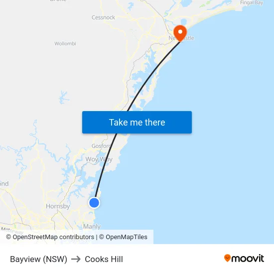 Bayview (NSW) to Cooks Hill map