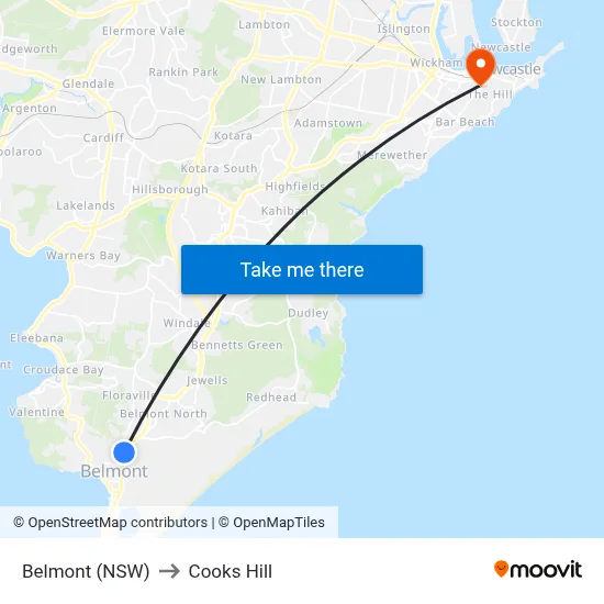 Belmont (NSW) to Cooks Hill map