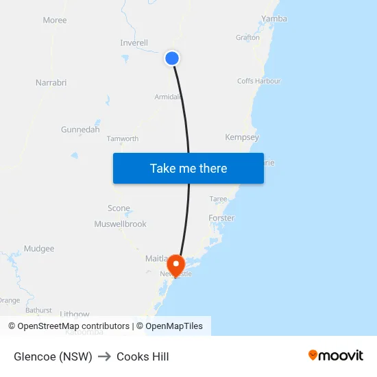 Glencoe (NSW) to Cooks Hill map