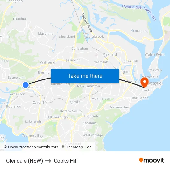 Glendale (NSW) to Cooks Hill map