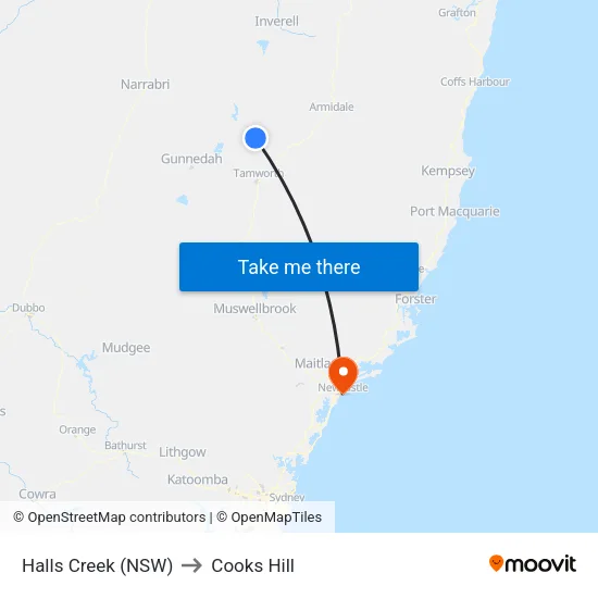 Halls Creek (NSW) to Cooks Hill map