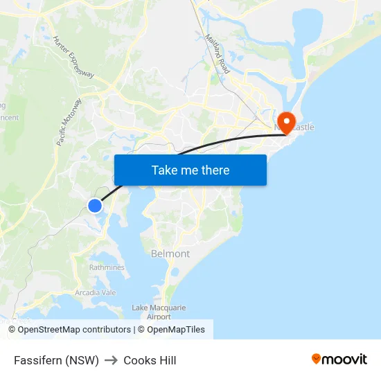 Fassifern (NSW) to Cooks Hill map