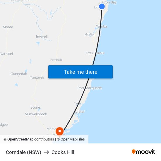 Corndale (NSW) to Cooks Hill map