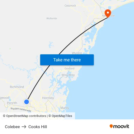 Colebee to Cooks Hill map
