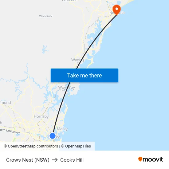 Crows Nest (NSW) to Cooks Hill map