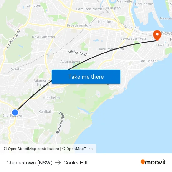 Charlestown (NSW) to Cooks Hill map