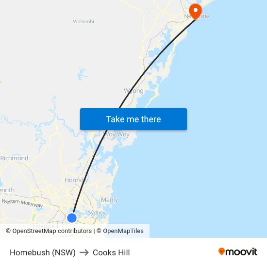 Homebush (NSW) to Cooks Hill map