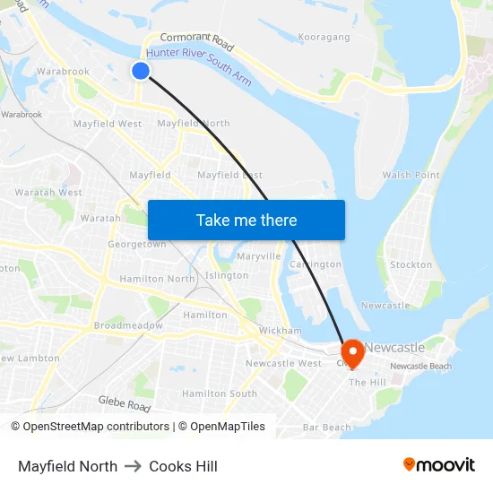Mayfield North to Cooks Hill map