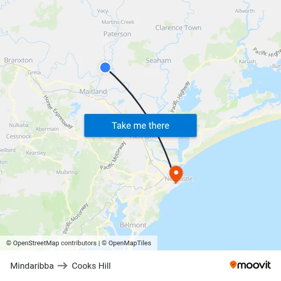 Mindaribba to Cooks Hill map