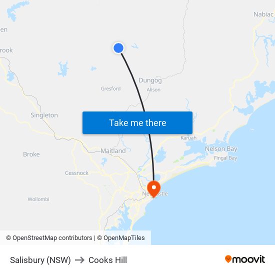 Salisbury (NSW) to Cooks Hill map