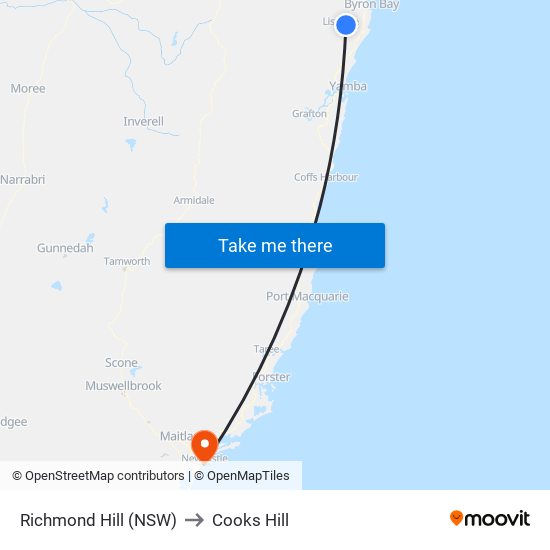 Richmond Hill (NSW) to Cooks Hill map