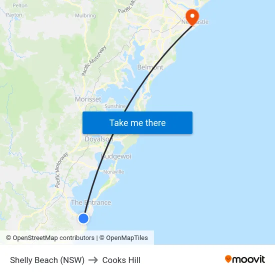 Shelly Beach (NSW) to Cooks Hill map