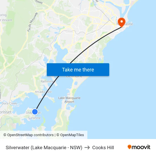 Silverwater (Lake Macquarie - NSW) to Cooks Hill map