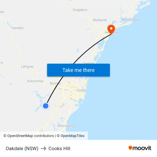 Oakdale (NSW) to Cooks Hill map