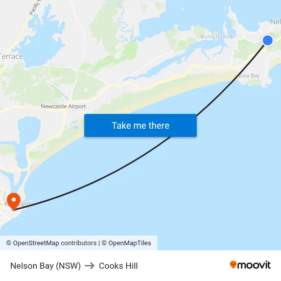 Nelson Bay (NSW) to Cooks Hill map
