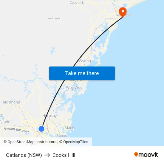 Oatlands (NSW) to Cooks Hill map