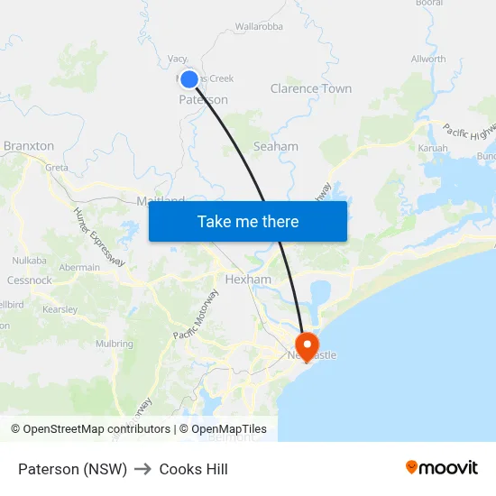 Paterson (NSW) to Cooks Hill map