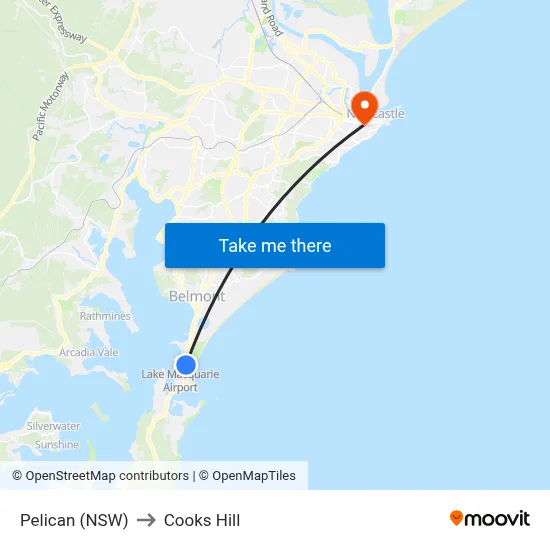 Pelican (NSW) to Cooks Hill map