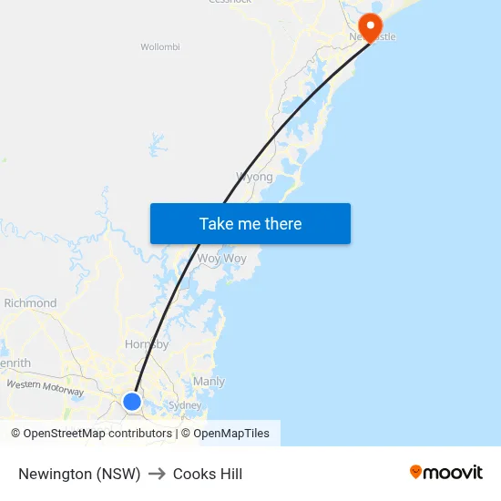 Newington (NSW) to Cooks Hill map