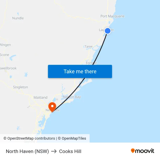North Haven (NSW) to Cooks Hill map