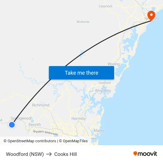 Woodford (NSW) to Cooks Hill map