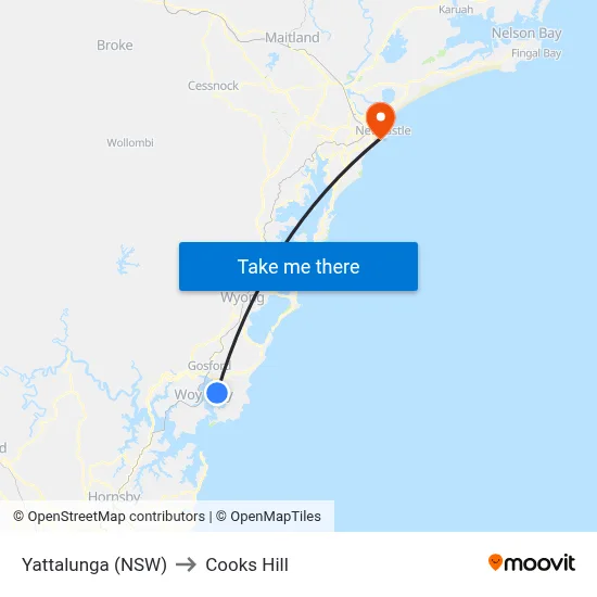 Yattalunga (NSW) to Cooks Hill map