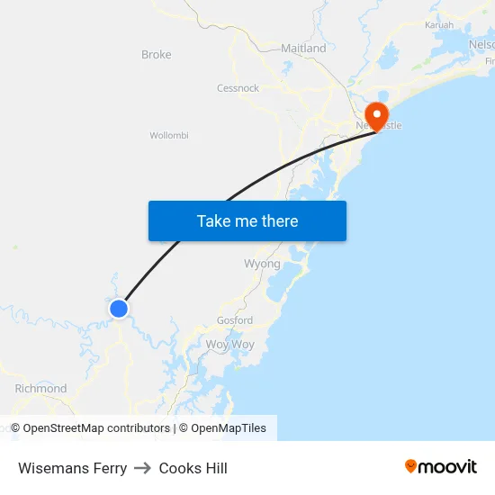 Wisemans Ferry to Cooks Hill map