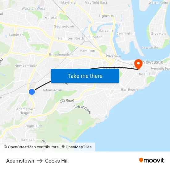 Adamstown to Cooks Hill map