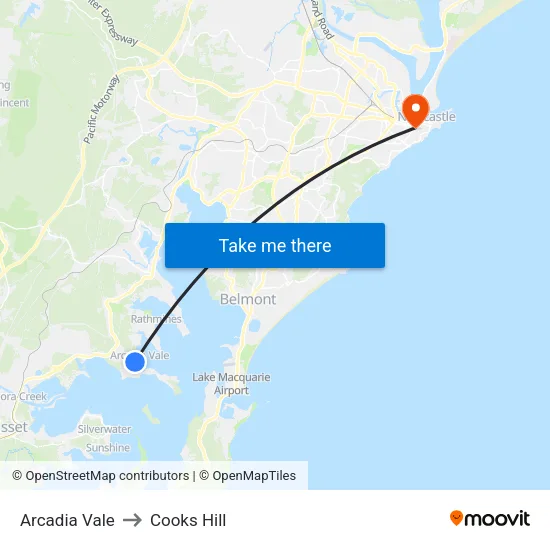 Arcadia Vale to Cooks Hill map