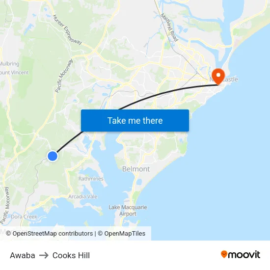 Awaba to Cooks Hill map