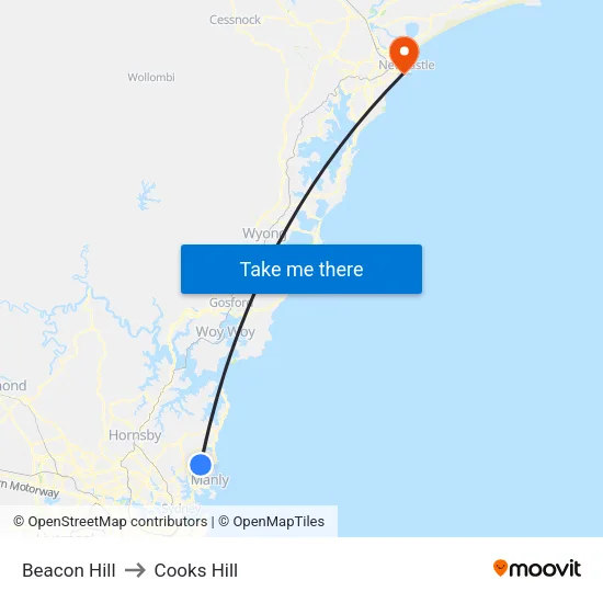 Beacon Hill to Cooks Hill map